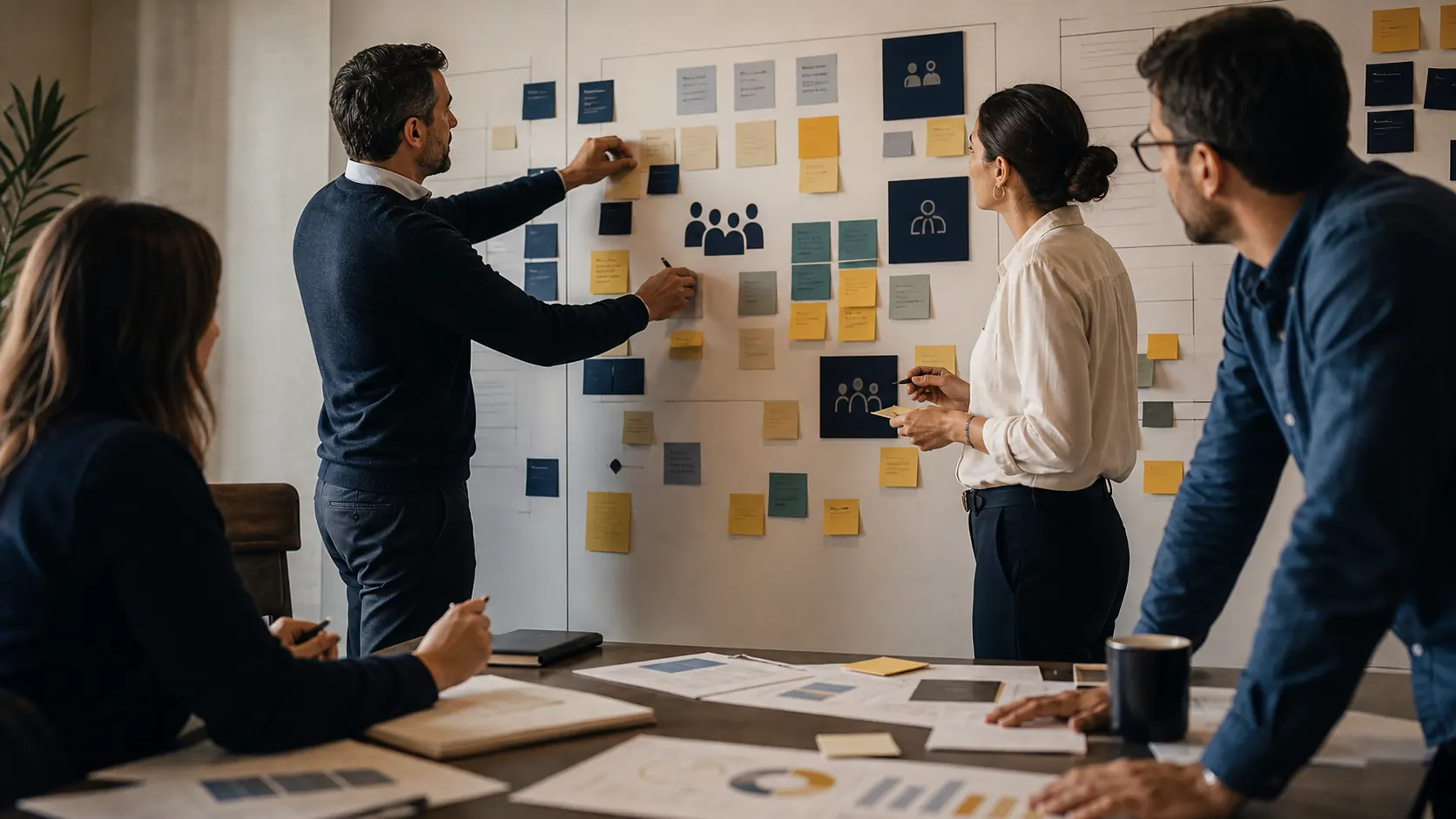Equipo empresario analizando indicadores de cultura y desempeño