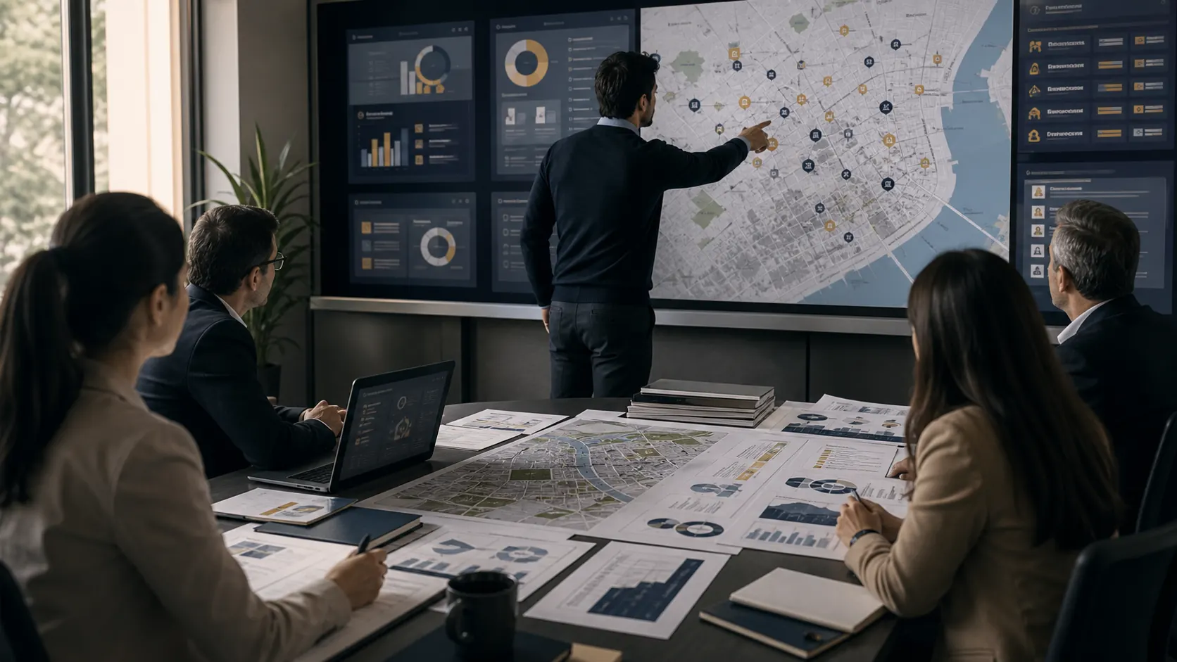 Mesa de decisión pública con mapas, tableros e indicadores institucionales